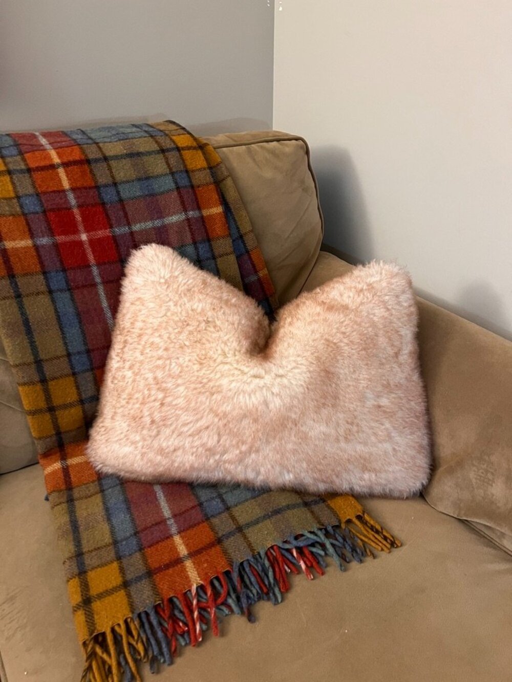 Lady Rosedale Faux Shearling Lumbar Throw Pillow | Feather Filled | Blush & Taup
